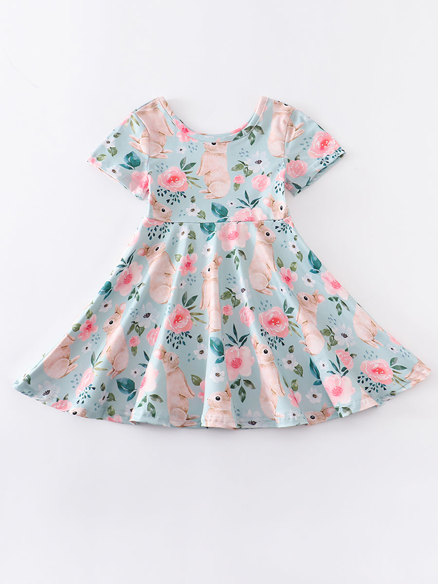 Easter Blue Rabbit Floral Girl Twirl Dress