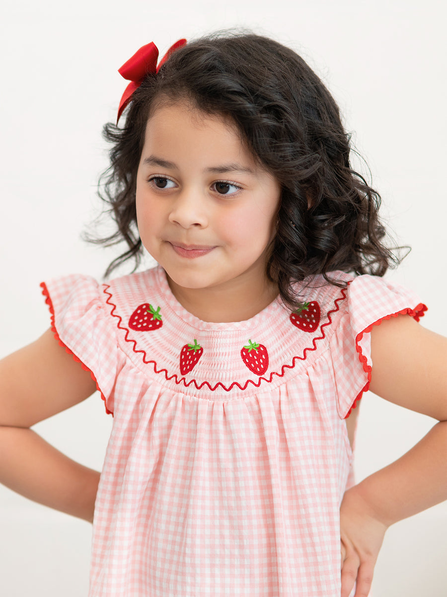 Baby Girls Strawberry Embroidered Plaid Smocked Dress 4 Baby Girls Strawberry Embroidered Plaid Smocked Dress 4