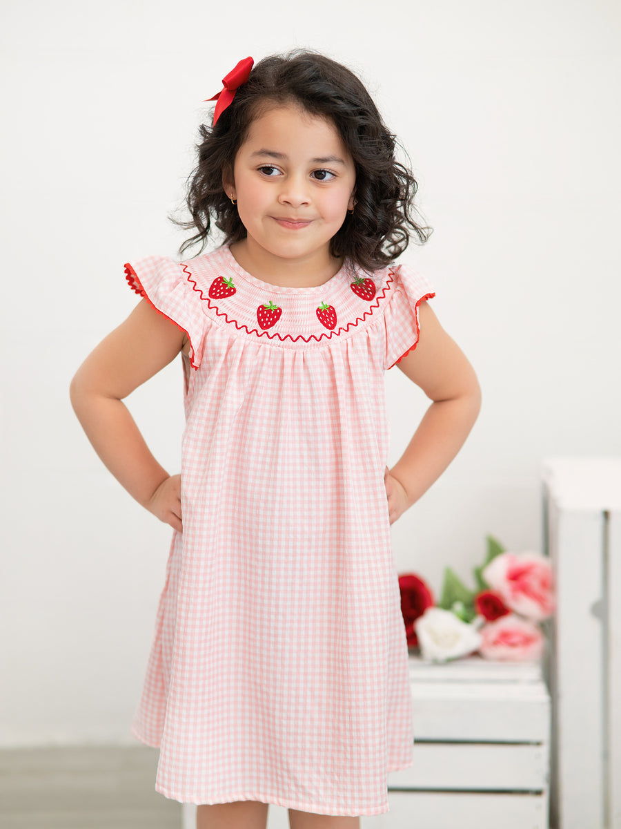 Baby Girls Strawberry Embroidered Plaid Smocked Dress 4 Baby Girls Strawberry Embroidered Plaid Smocked Dress 4