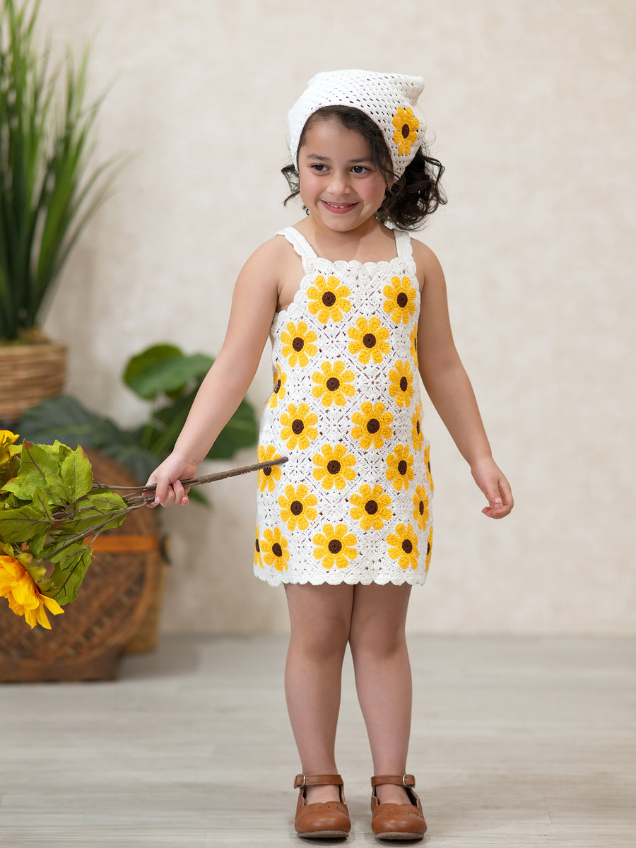 Summer Crochet Sunflower Girl Dress with Headscarf 2 Summer Crochet Sunflower Girl Dress with Headscarf 2