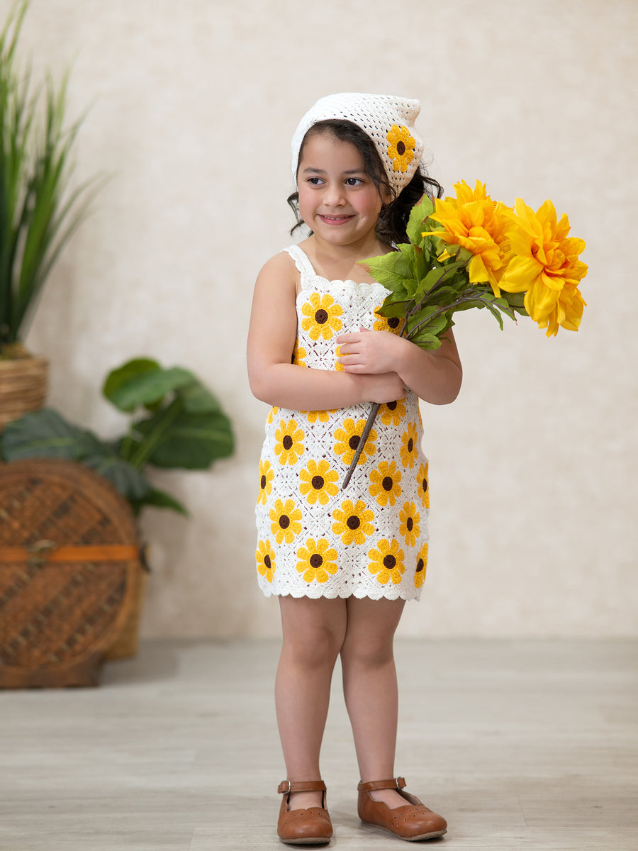 Summer Crochet Sunflower Girl Dress with Headscarf – Rylee Faith Designs