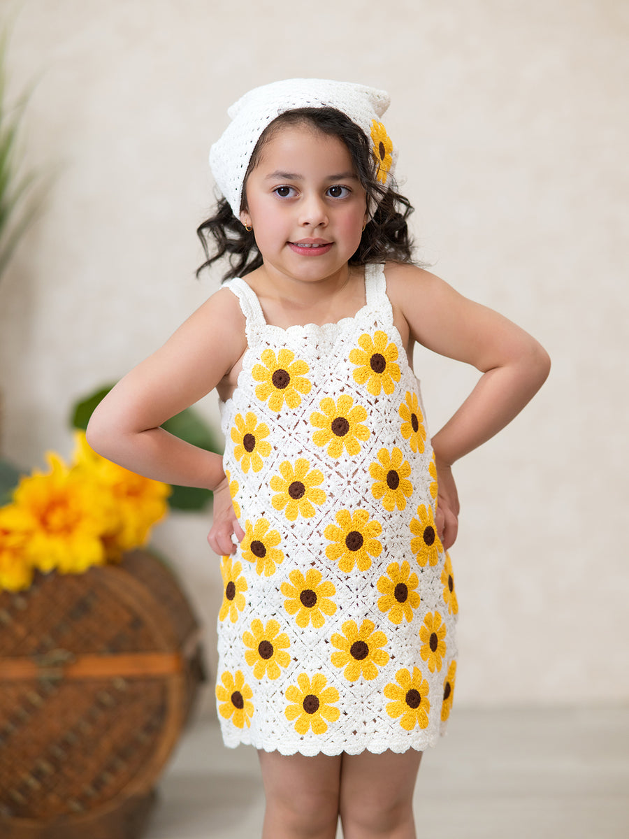 Summer Crochet Sunflower Girl Dress with Headscarf 2 Summer Crochet Sunflower Girl Dress with Headscarf 2