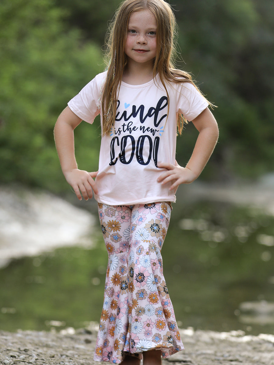 Girls Letter Print Top + Floral Pattern Pants