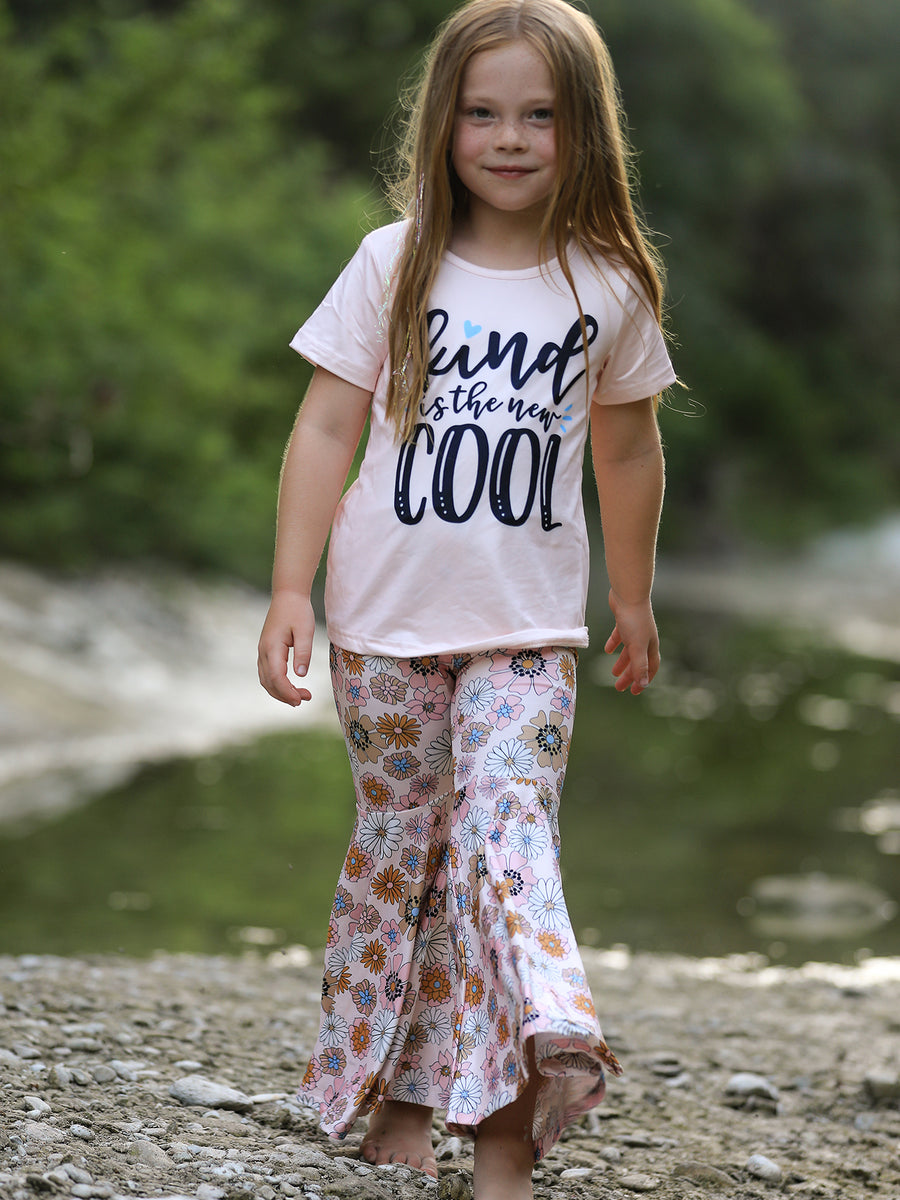 Girls Letter Print Top + Floral Pattern Pants