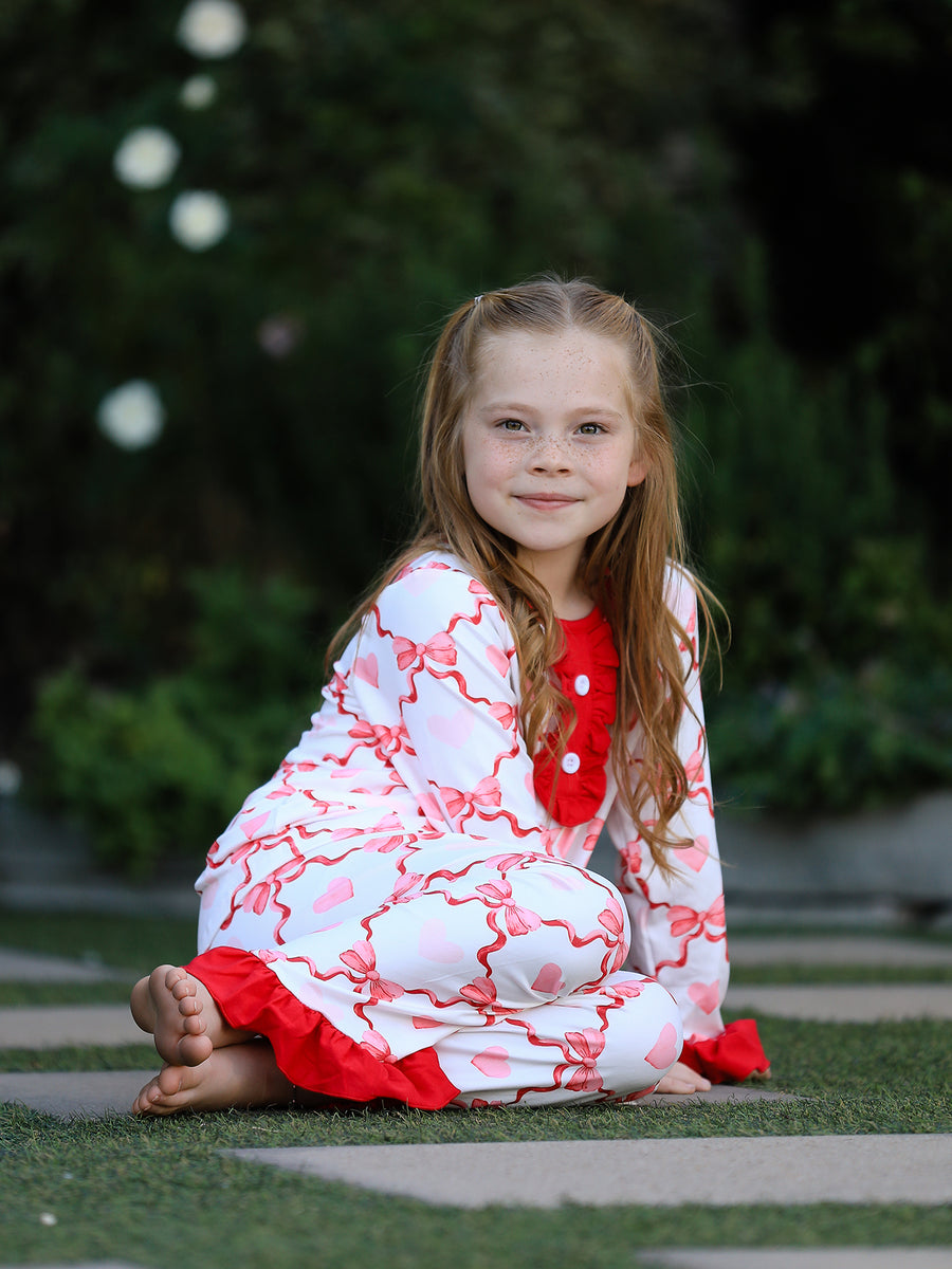 Valentine’s Day Girl Set with Heart Print and Red Ruffle Details