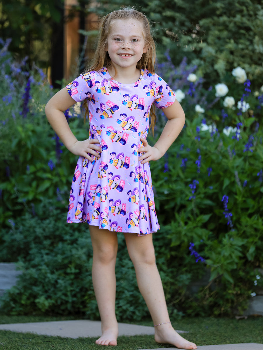 Girls Purple Characters Print Short Sleeve Twirl Dress