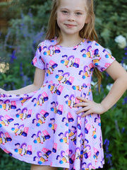 Girls Purple Characters Print Short Sleeve Twirl Dress