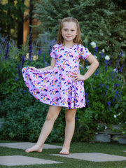 Girls Purple Characters Print Short Sleeve Twirl Dress