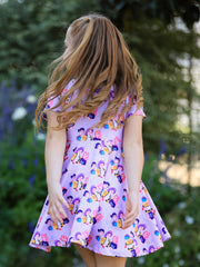 Girls Purple Characters Print Short Sleeve Twirl Dress