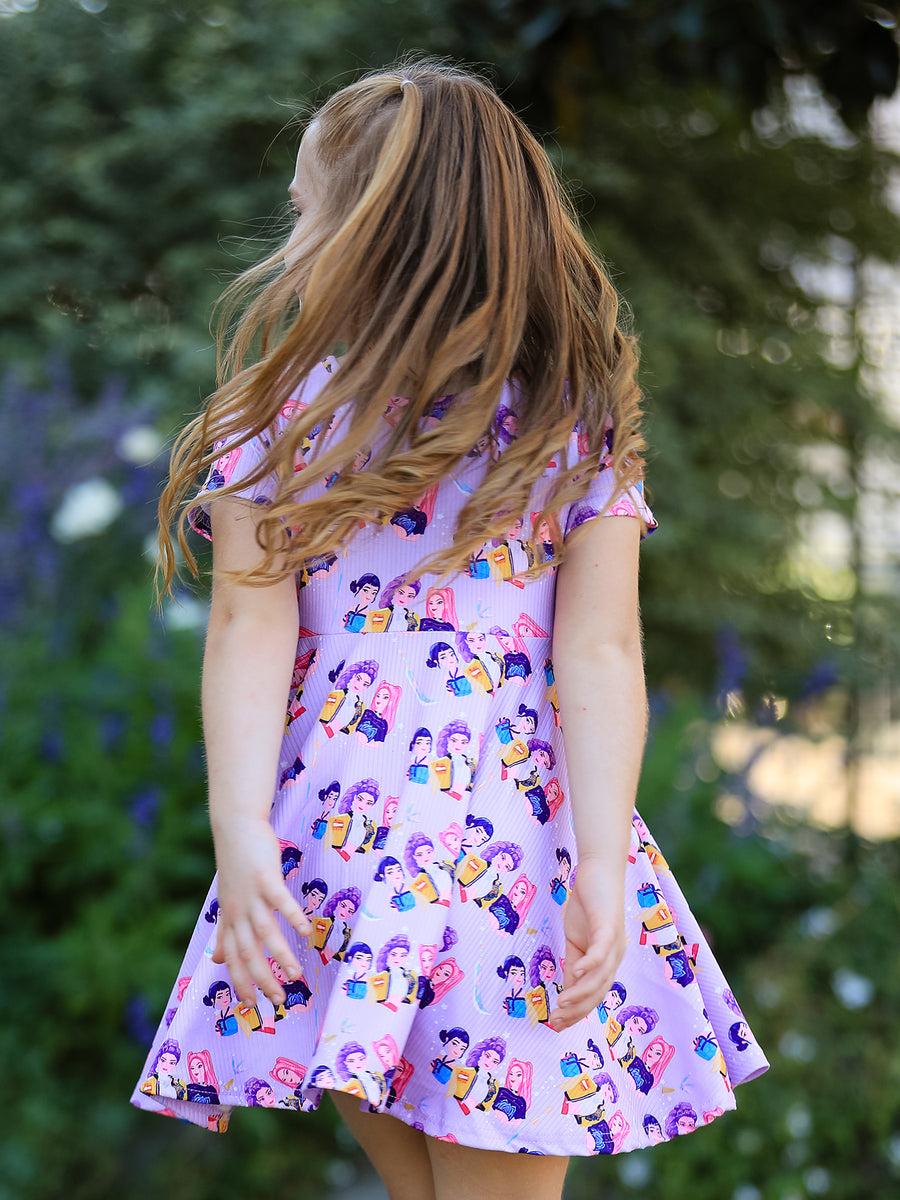Girls Purple Characters Print Short Sleeve Twirl Dress