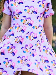 Girls Purple Characters Print Short Sleeve Twirl Dress