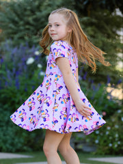 Girls Purple Characters Print Short Sleeve Twirl Dress