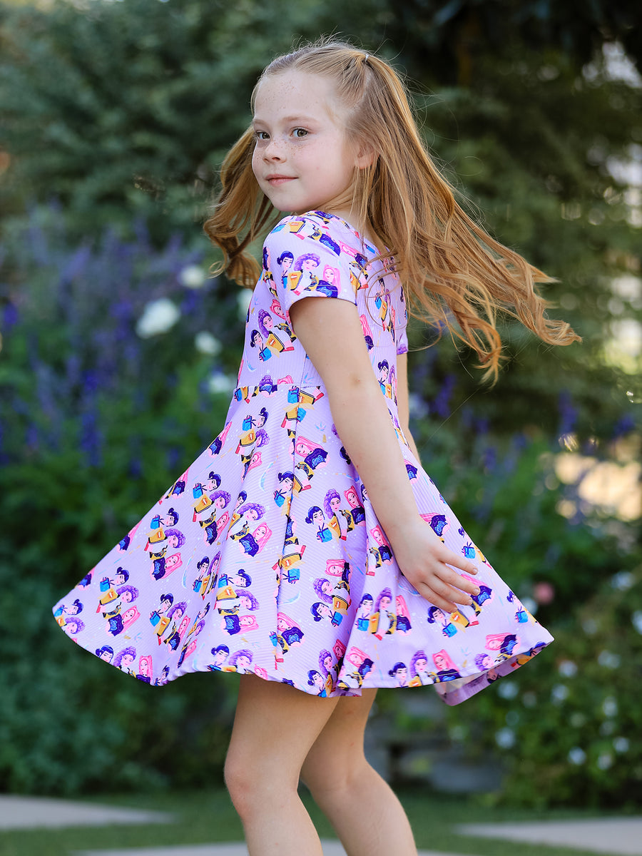 Girls Purple Characters Print Short Sleeve Twirl Dress