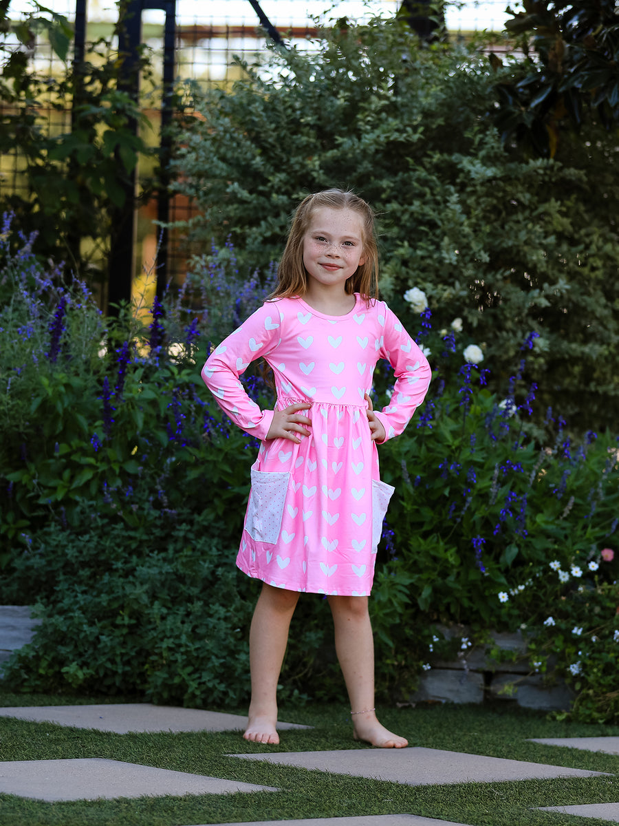 Girls Valentine’s Outfit Pink Heart Long Sleeve Dress with Pockets