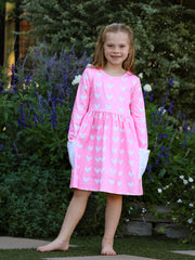 Girls Valentine’s Outfit Pink Heart Long Sleeve Dress with Pockets
