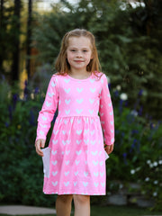 Girls Valentine’s Outfit Pink Heart Long Sleeve Dress with Pockets