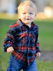 Christmas Boys Red Navy Plaid Button Down Shirt