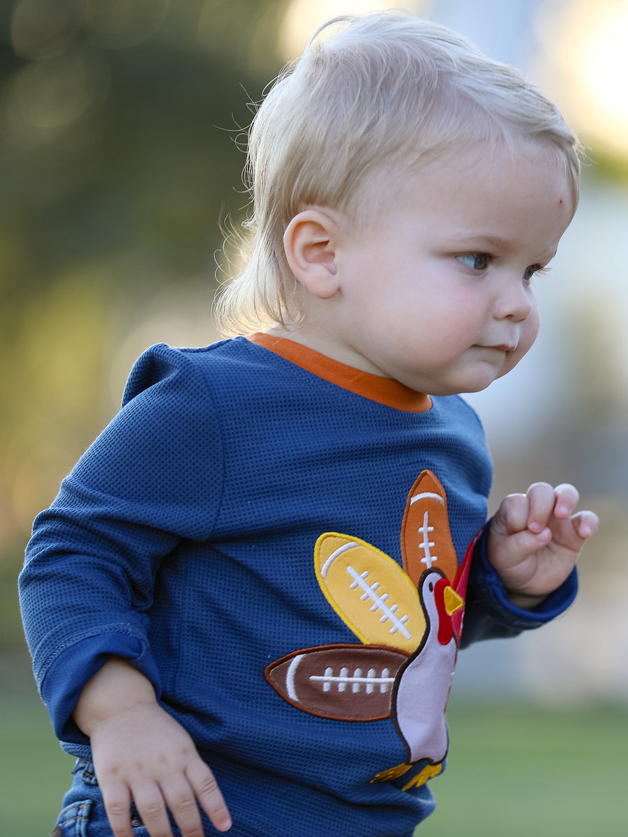 Thanksgiving Turkey Applique Kids Navy Waffle Long Sleeve Top Shirt