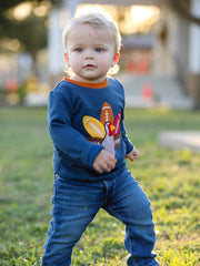 Thanksgiving Turkey Applique Kids Navy Waffle Long Sleeve Top Shirt