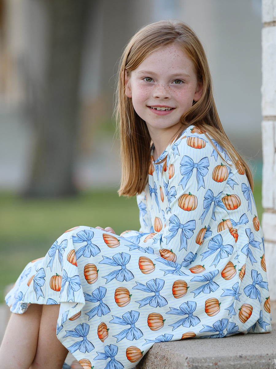 Halloween Thanksgiving Pumpkin Bow Girls Dress Long Sleeve