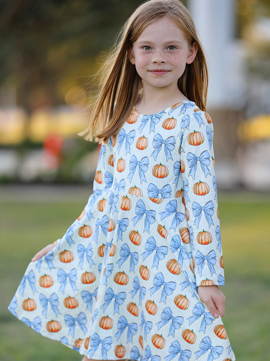 Halloween Thanksgiving Pumpkin Bow Girls Dress Long Sleeve