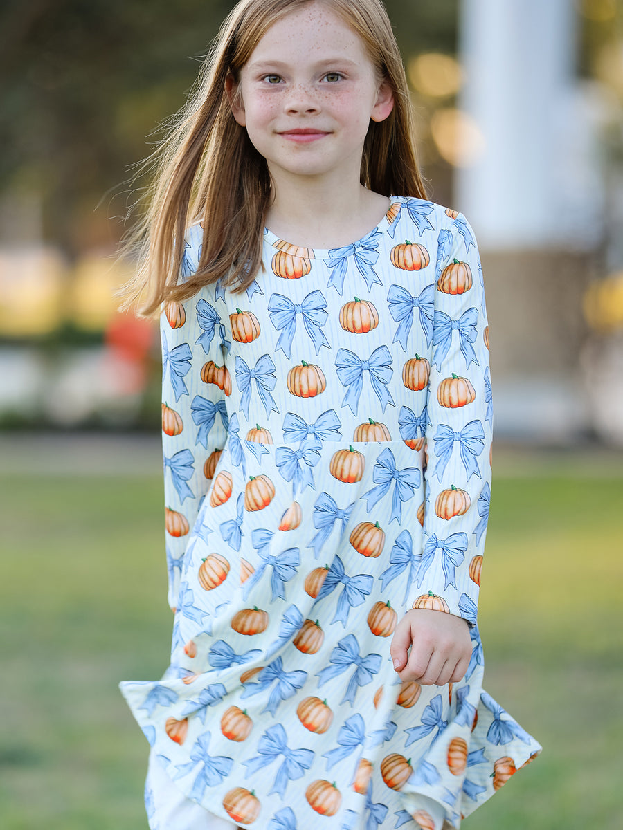 Halloween Thanksgiving Pumpkin Bow Girls Dress Long Sleeve