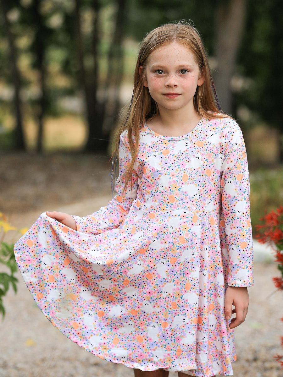 Halloween Ghost Print Girls Twirl Dress Long Sleeve