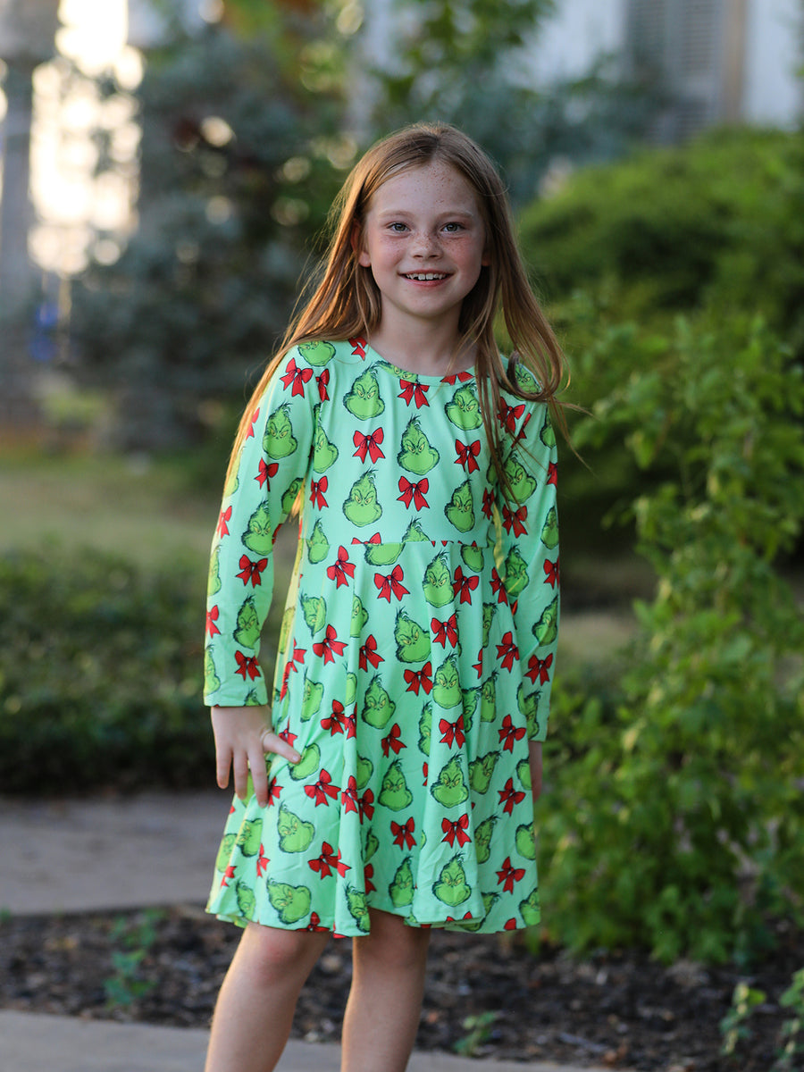 Winter Christmas Tree Bow Character Print  Green Girls Dress