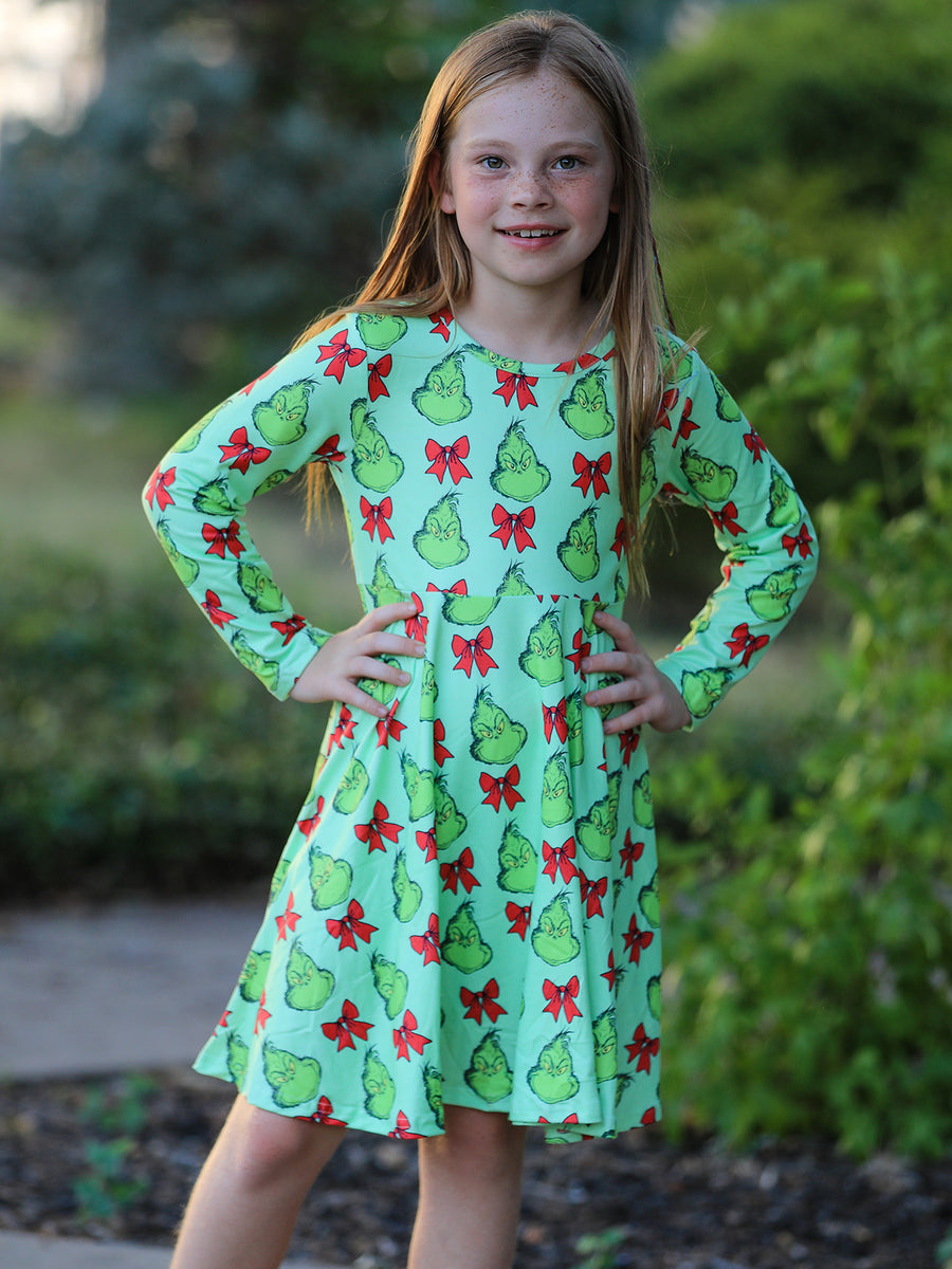 Winter Christmas Tree Bow Character Print  Green Girls Dress