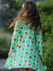 Winter Christmas Tree Bow Character Print  Green Girls Dress