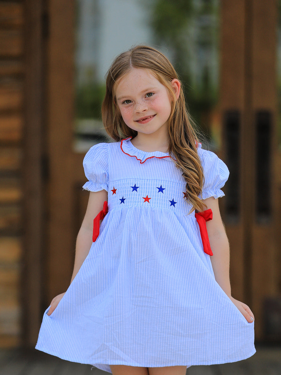 4th of july Girls' Smocking Star Embroidered Dress Rylee Faith Designs 4th of july Girls' Smocking Star Embroidered Dress Rylee Faith Designs