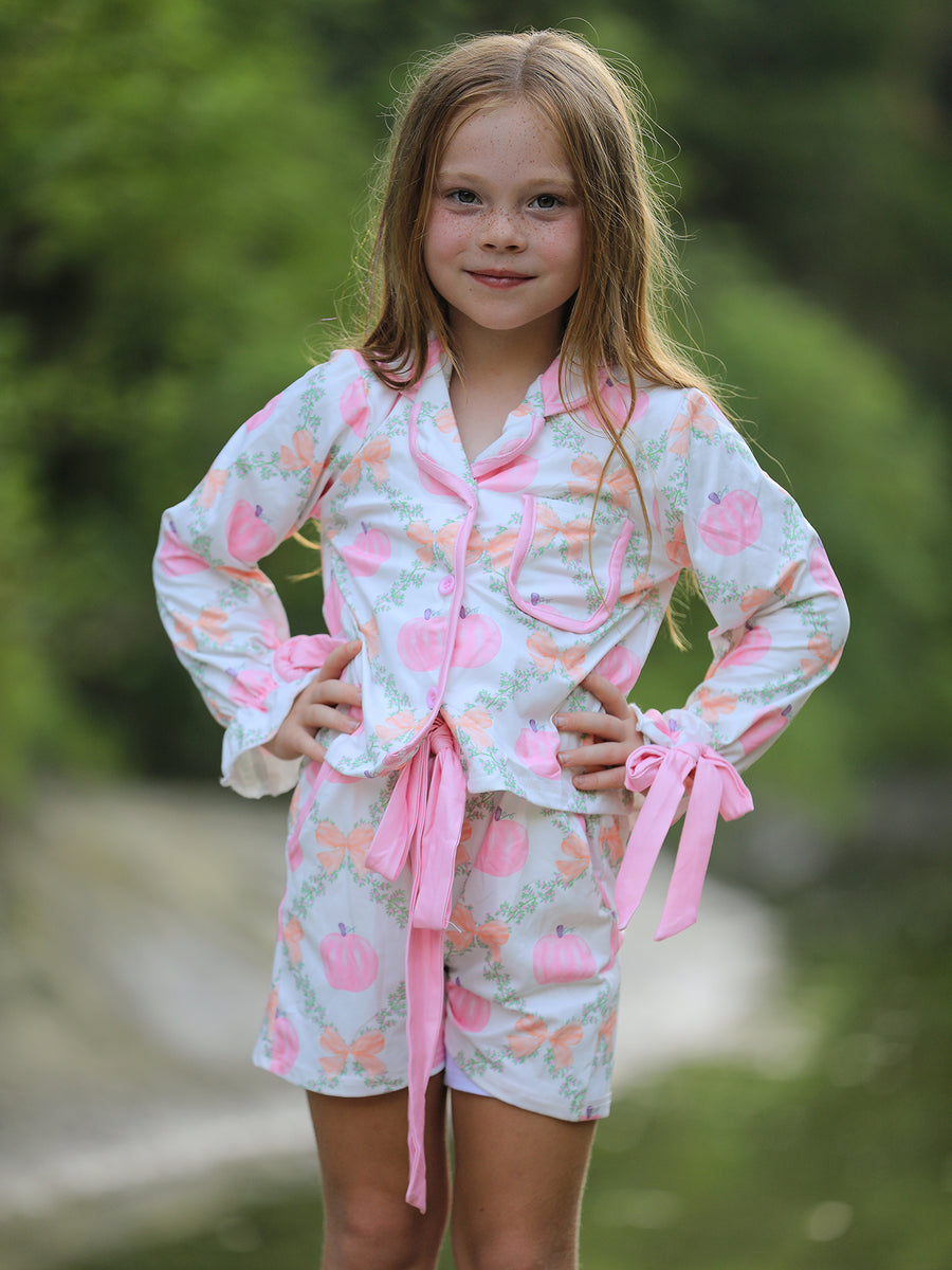 PREORDER Mommy and Me Fall Halloween Pumpkin Floral Print Long Sleeve Top Shorts Girls Pajama Set