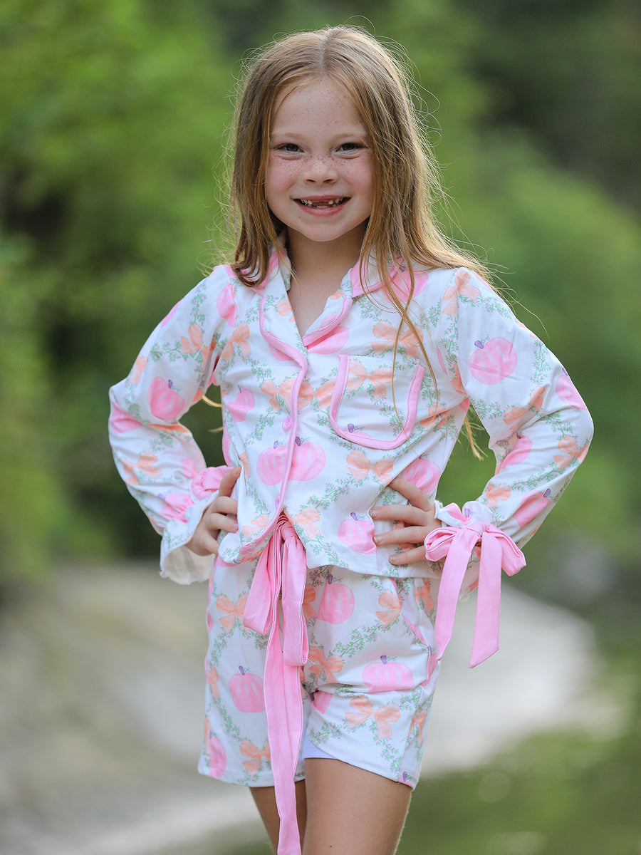 PREORDER Mommy and Me Fall Halloween Pumpkin Floral Print Long Sleeve Top Shorts Girls Pajama Set