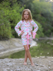 PREORDER Mommy and Me Fall Halloween Pumpkin Floral Print Long Sleeve Top Shorts Girls Pajama Set