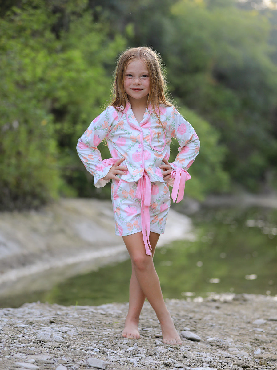 PREORDER Mommy and Me Fall Halloween Pumpkin Floral Print Long Sleeve Top Shorts Girls Pajama Set