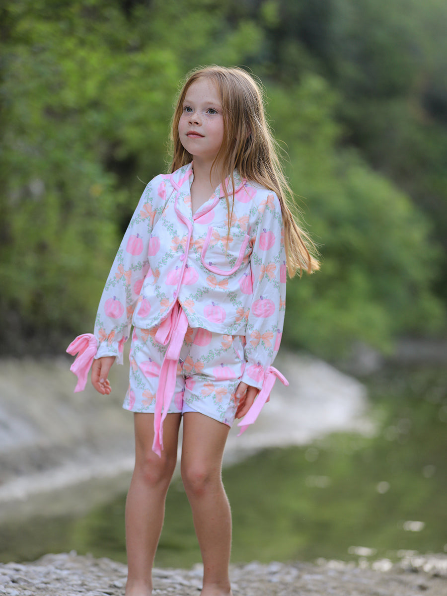 PREORDER Mommy and Me Fall Halloween Pumpkin Floral Print Long Sleeve Top Shorts Girls Pajama Set