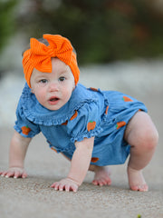 Fall Pumpkin Embroidered Baby Girl Denim Bubble Romper