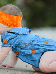 Fall Pumpkin Embroidered Baby Girl Denim Bubble Romper
