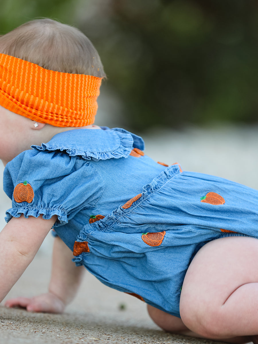 Fall Pumpkin Embroidered Baby Girl Denim Bubble Romper