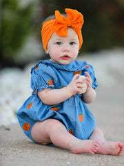 Fall Pumpkin Embroidered Baby Girl Denim Bubble Romper