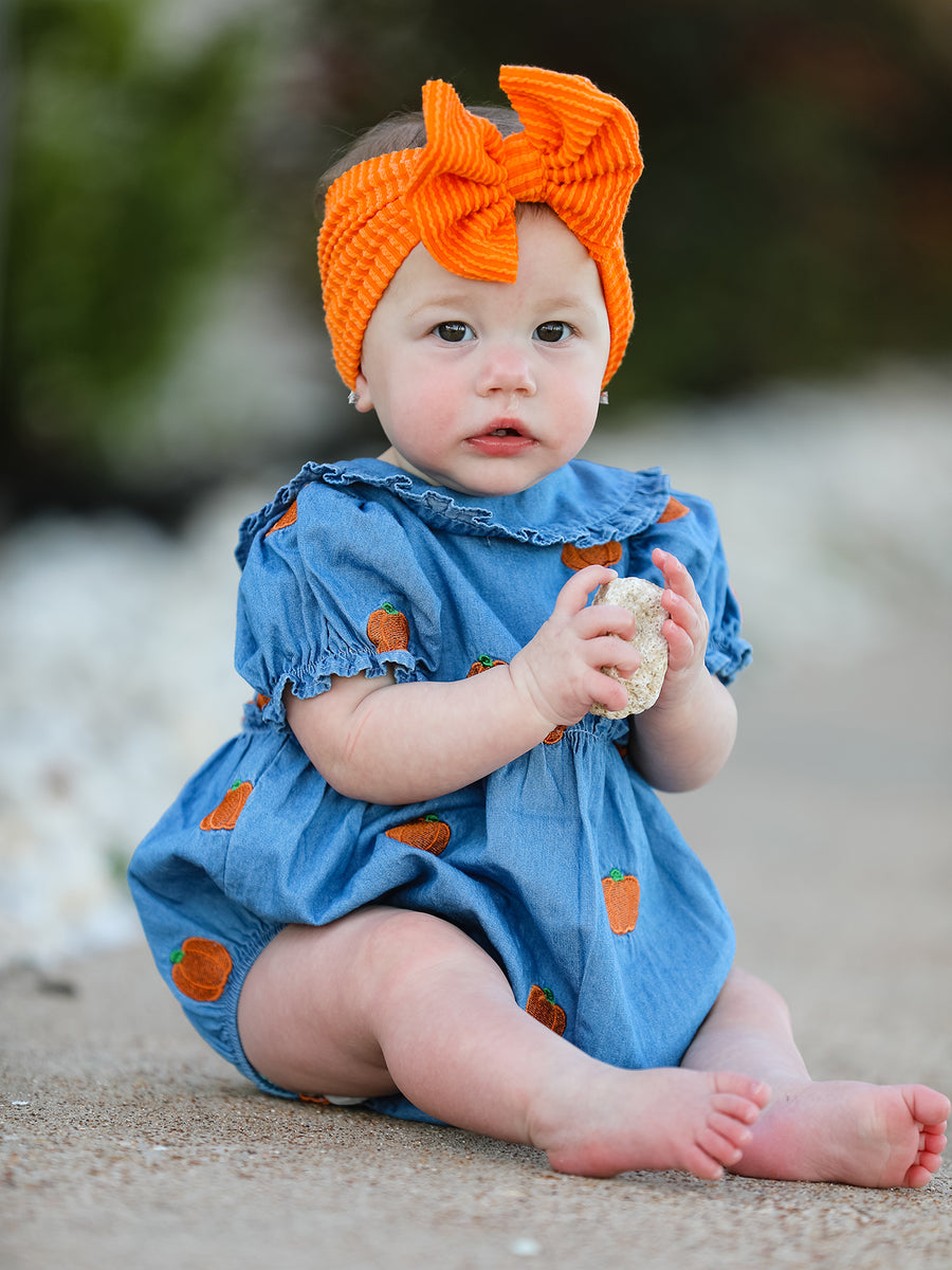 Fall Pumpkin Embroidered Baby Girl Denim Bubble Romper