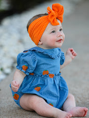 Fall Pumpkin Embroidered Baby Girl Denim Bubble Romper