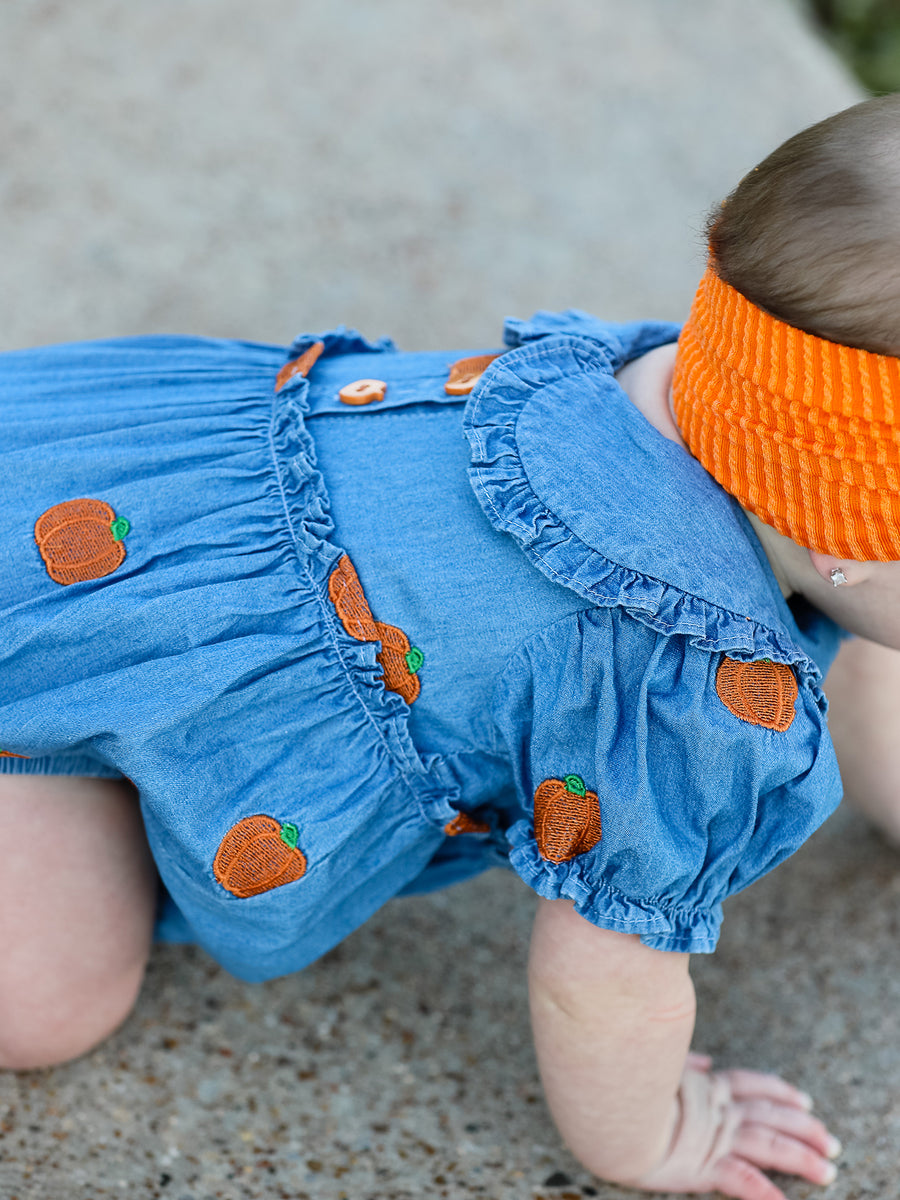 Fall Pumpkin Embroidered Baby Girl Denim Bubble Romper