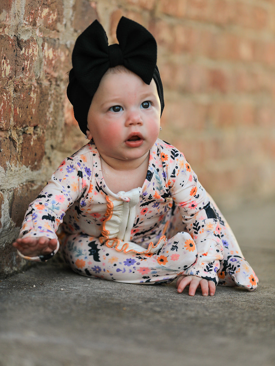 Halloween Black Cat Baby Zip Romper Ruffle Trim