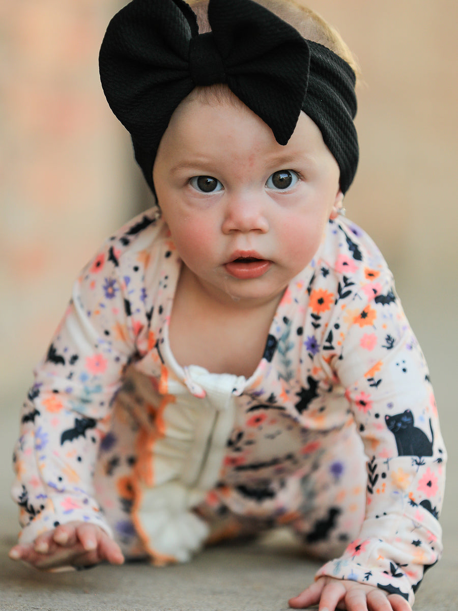 Halloween Black Cat Baby Zip Romper Ruffle Trim