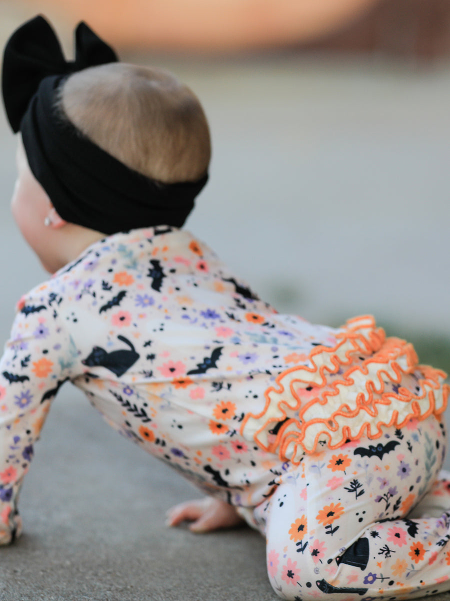 Halloween Black Cat Baby Zip Romper Ruffle Trim