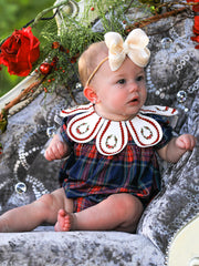 Navy Red Christmas Plaid Wreath Baby Girl Bubble Romper