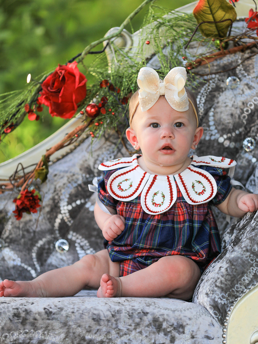 Navy Red Christmas Plaid Wreath Baby Girl Bubble Romper