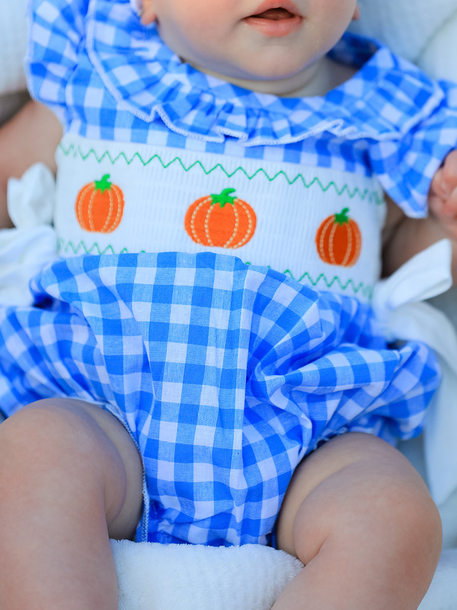 Fall Thanksgiving& Halloween Blue Pumpkin Smock Embroidery Baby Girl Romper