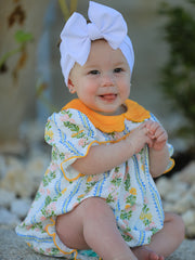 Fall Smocked Floral & Stripe Baby Girl Romper with Scallop Collar